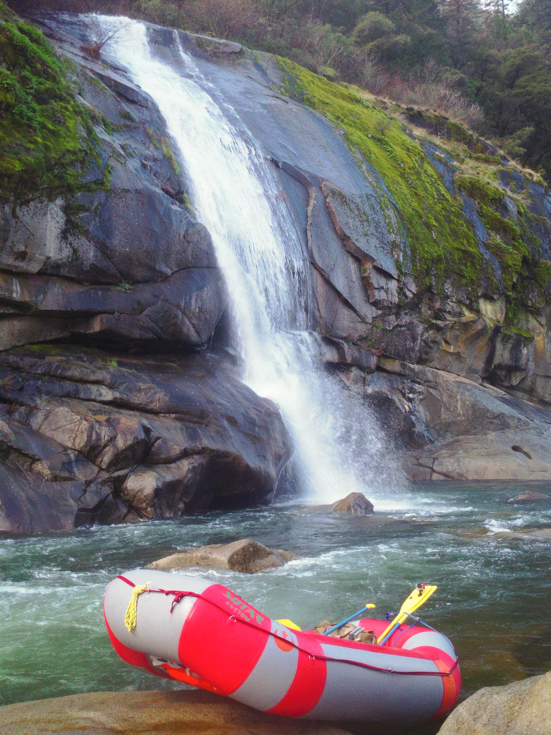 Slab Creek waterfall and raft by river